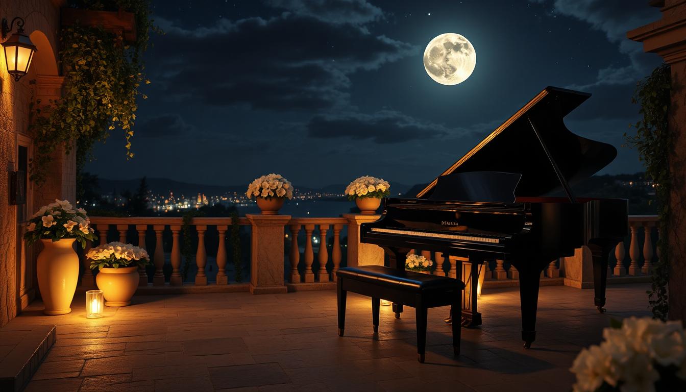 A black grand piano with an empty bench on a stone terrace at night, lit by lanterns and a candle under a full moon, with city lights in the distance.