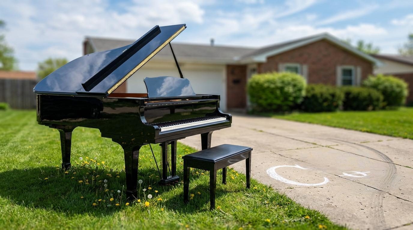 A glossy black grand piano set up outdoors on a suburban lawn on a bright spring day.