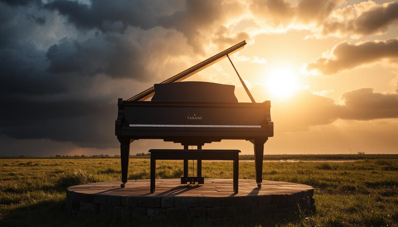 A black grand piano and bench on a round stone platform in an open field, with dark storm clouds on one side of the sky and a bright setting sun breaking through on the other.