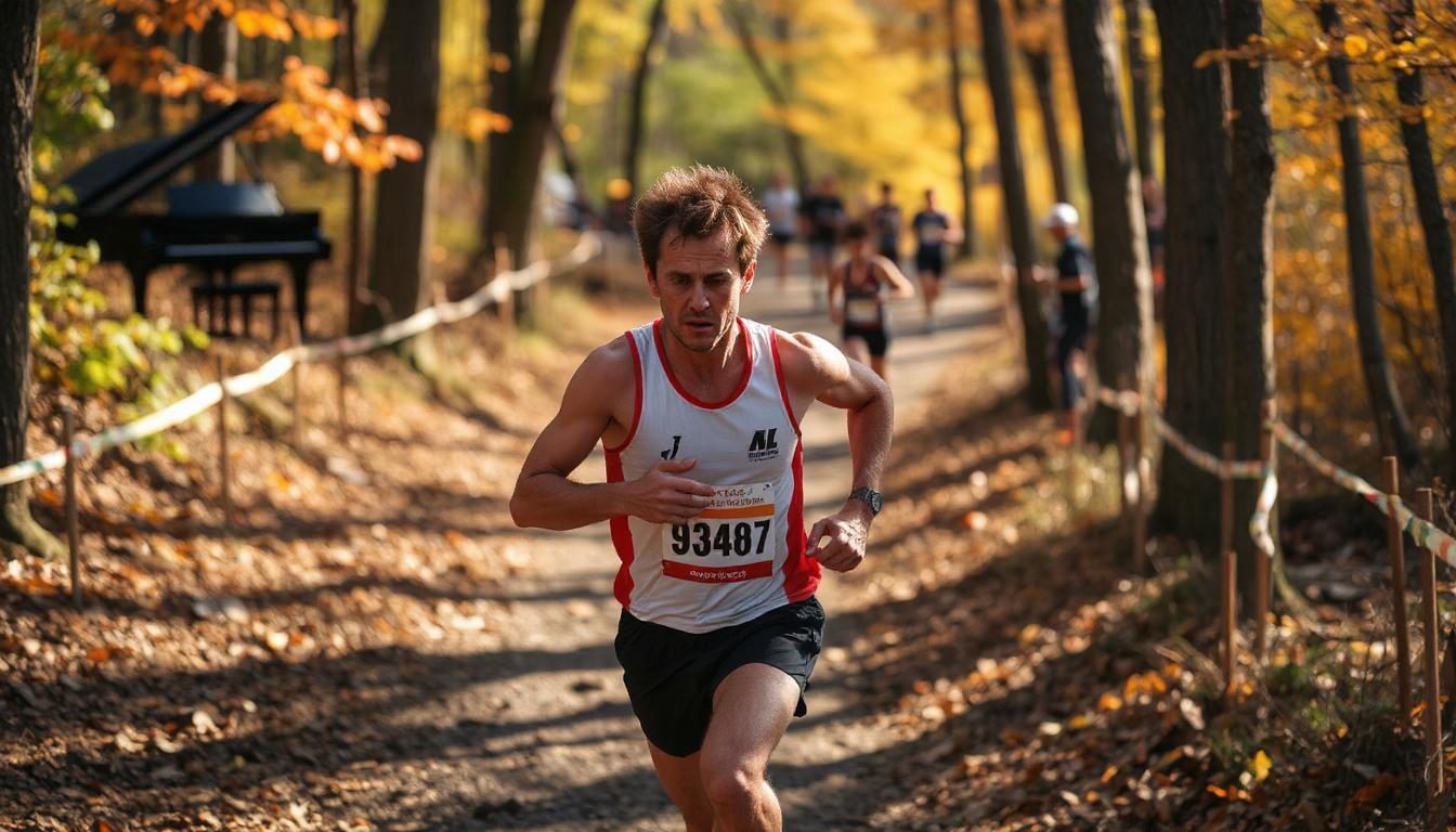 A runner in a white and red racing singlet with a race bib pushes along a leaf-covered forest trail in autumn, other runners behind him, with a black grand piano standing among the golden trees at the edge of the course.
