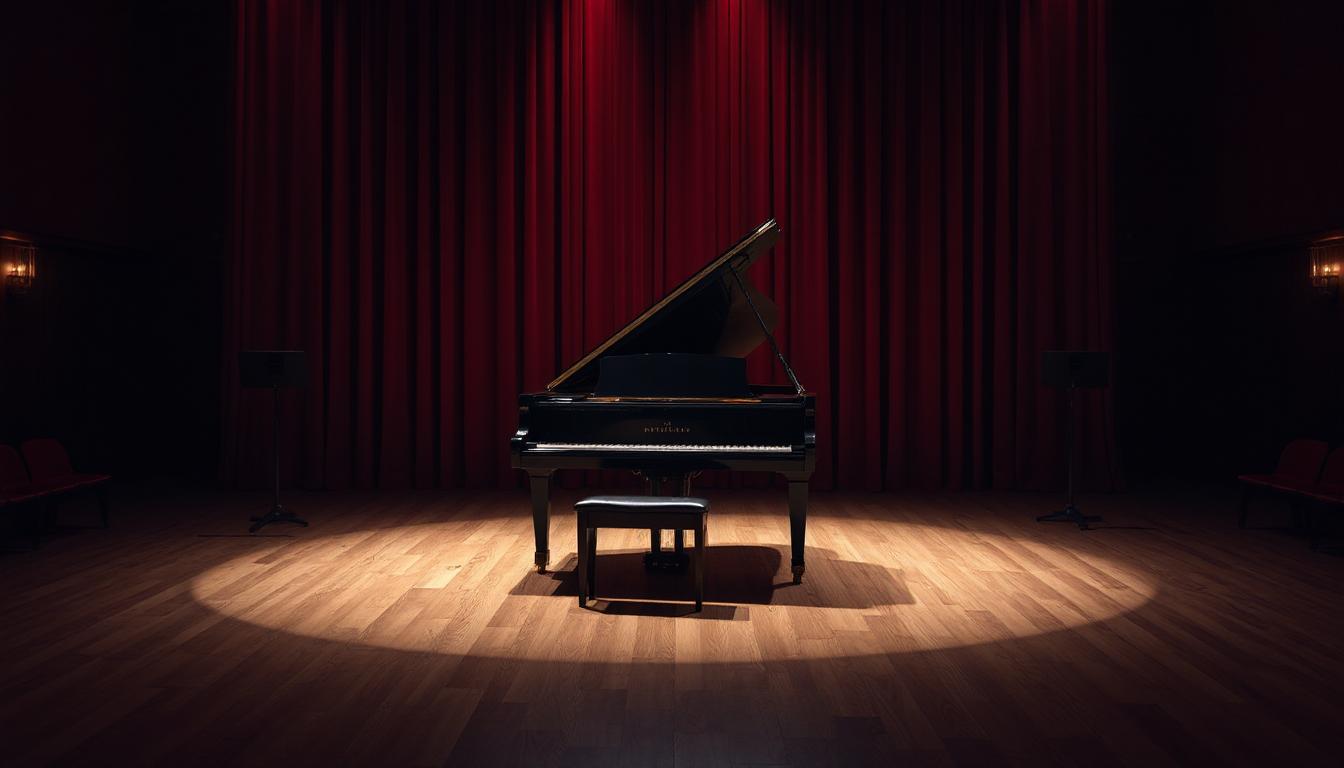 A grand piano on a concert stage, evoking live solo piano performance.