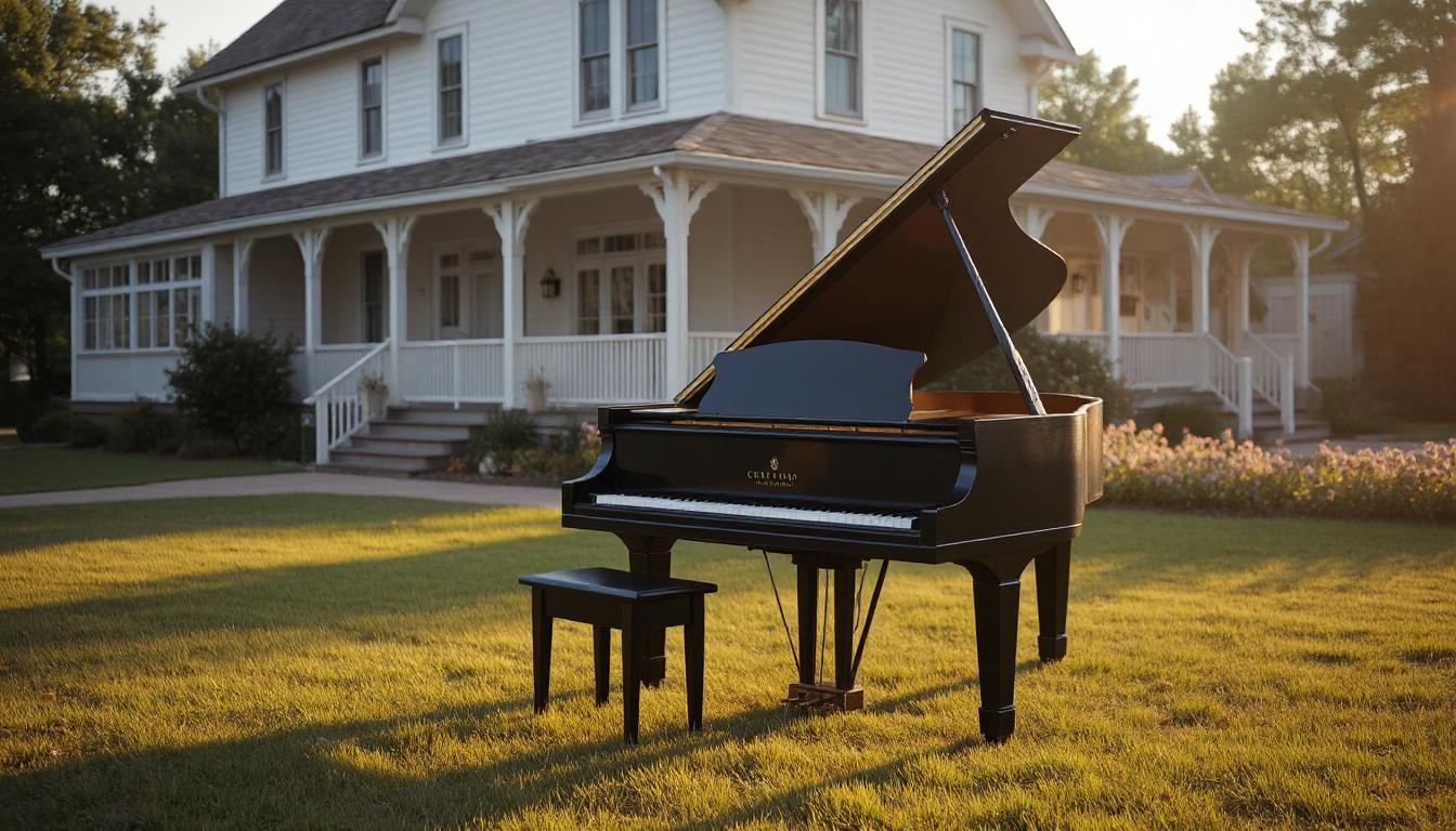 A black grand piano with its lid raised and an empty bench, standing on a sunlit lawn in front of a white farmhouse with a wraparound porch in low golden evening light.